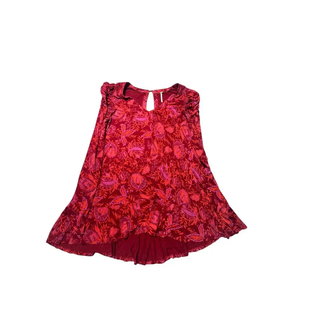 Free People Hello Lover Tunic Top Womens S Red Floral Long Sleeve Puff Shoulder